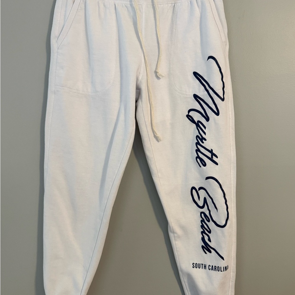 Elegant White Women's Joggers with Myrtle Beach on the leg. Women’s Medium